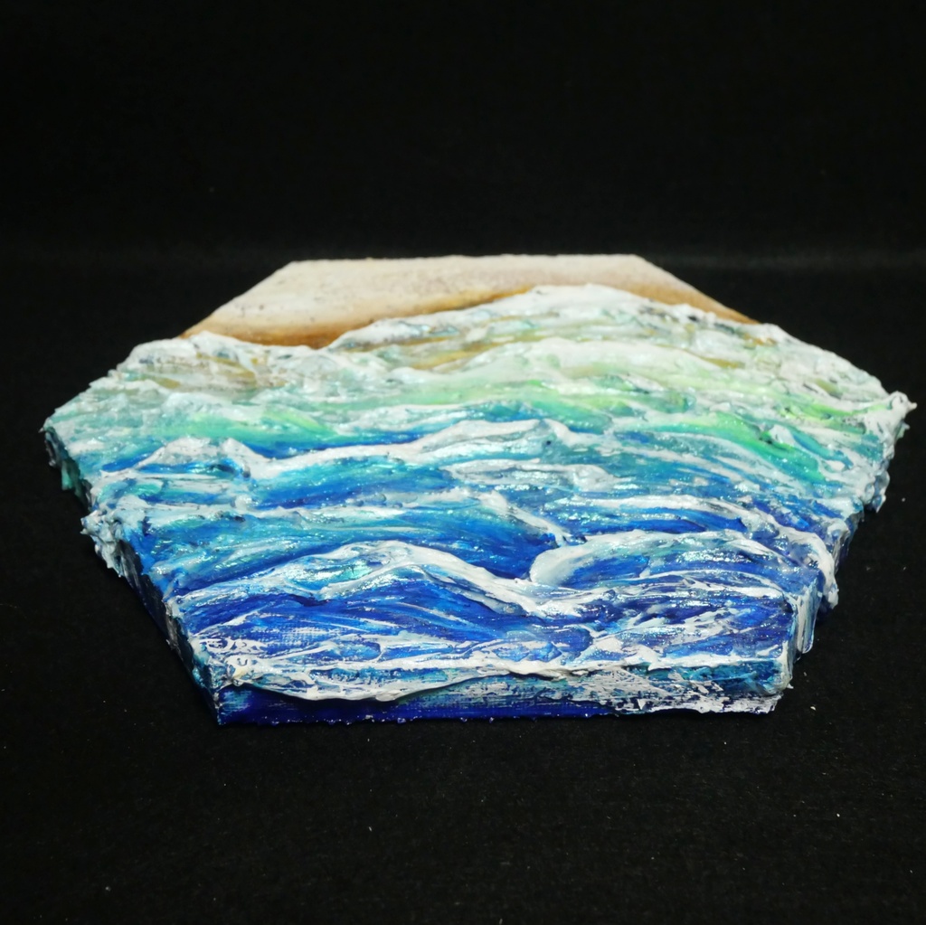 【原画】油絵『永遠の渚』夏の砂浜の海(六角型キャンバス)立体3Dアート / 油彩画 海の絵 エメラルドグリーンハンドメイドアート