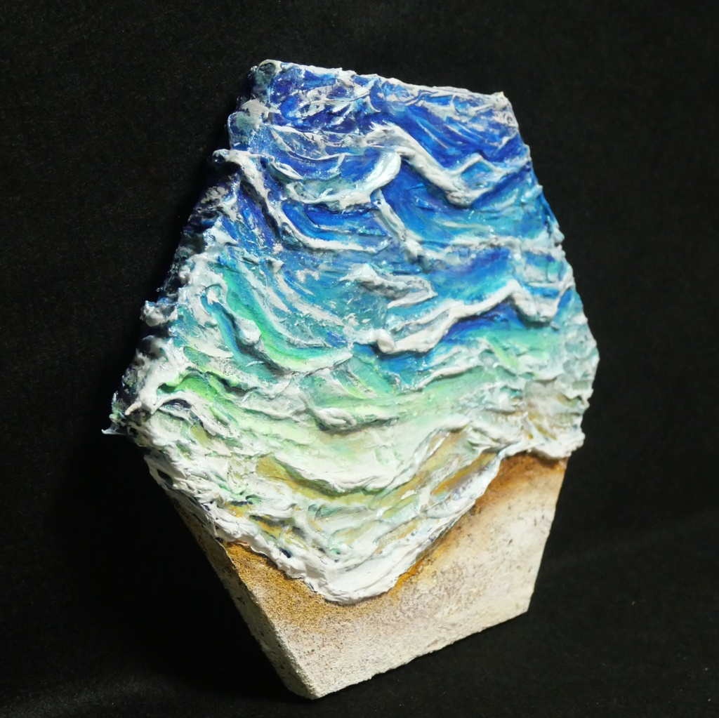 【原画】油絵『永遠の渚』夏の砂浜の海(六角型キャンバス)立体3Dアート / 油彩画 海の絵 エメラルドグリーンハンドメイドアート