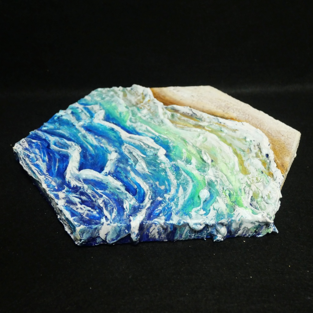 【原画】油絵『永遠の渚』夏の砂浜の海(六角型キャンバス)立体3Dアート / 油彩画 海の絵 エメラルドグリーンハンドメイドアート