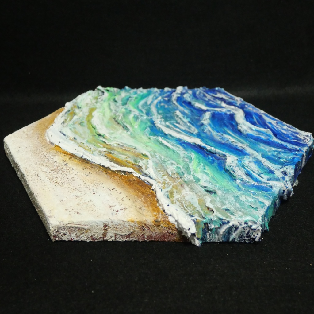 【原画】油絵『永遠の渚』夏の砂浜の海(六角型キャンバス)立体3Dアート / 油彩画 海の絵 エメラルドグリーンハンドメイドアート