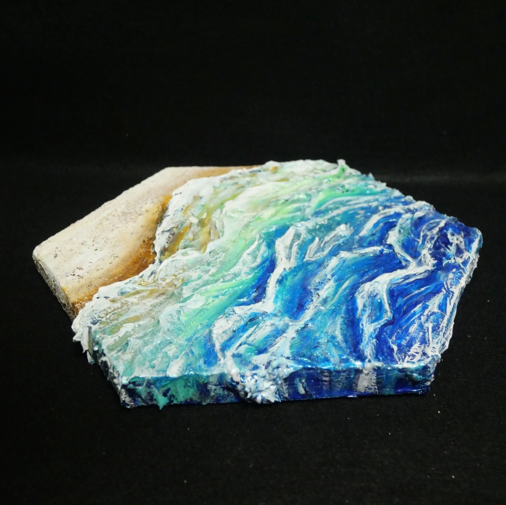 【原画】油絵『永遠の渚』夏の砂浜の海(六角型キャンバス)立体3Dアート / 油彩画 海の絵 エメラルドグリーンハンドメイドアート