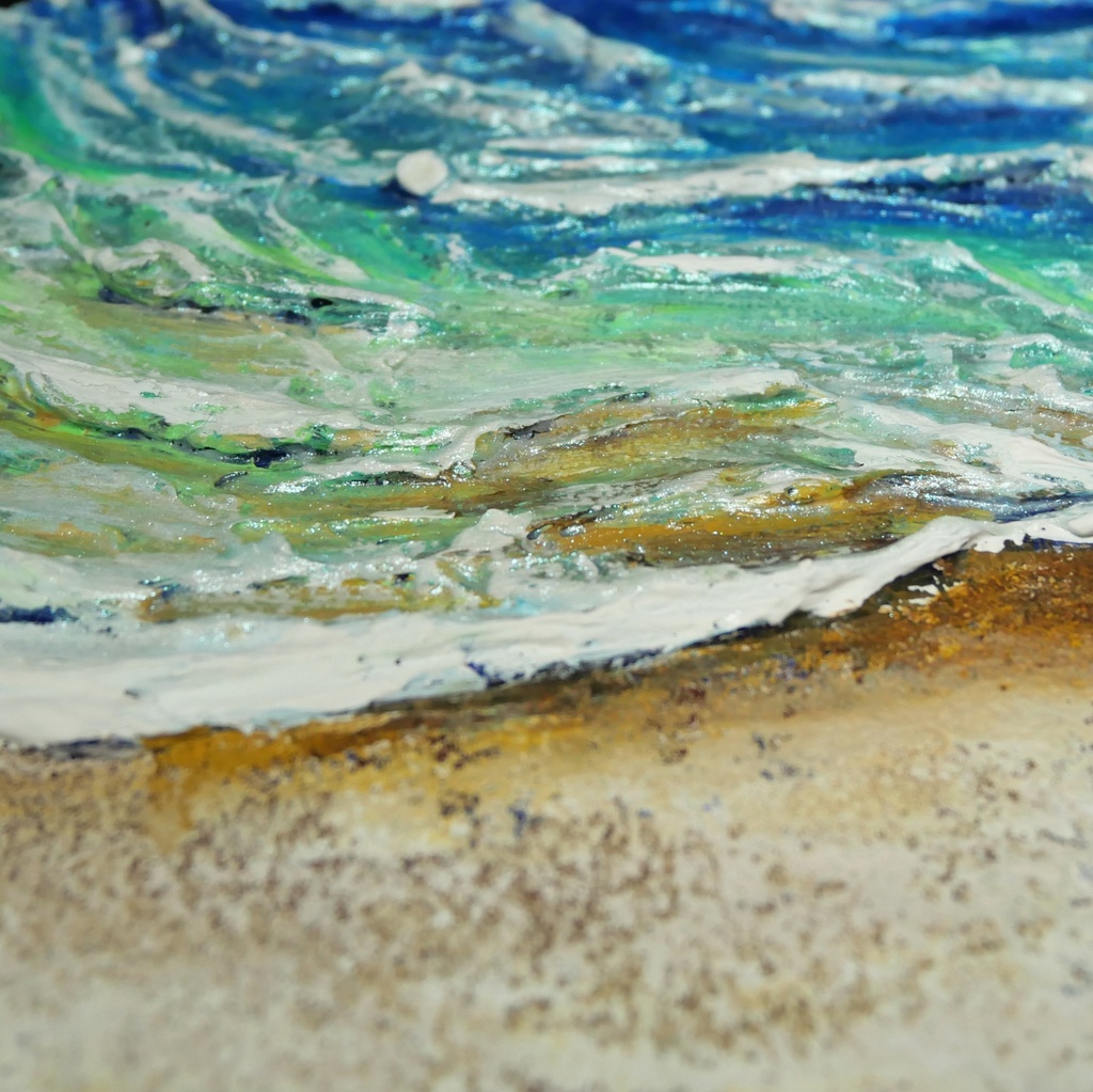 【原画】油絵『永遠の渚』夏の砂浜の海(六角型キャンバス)立体3Dアート / 油彩画 海の絵 エメラルドグリーンハンドメイドアート