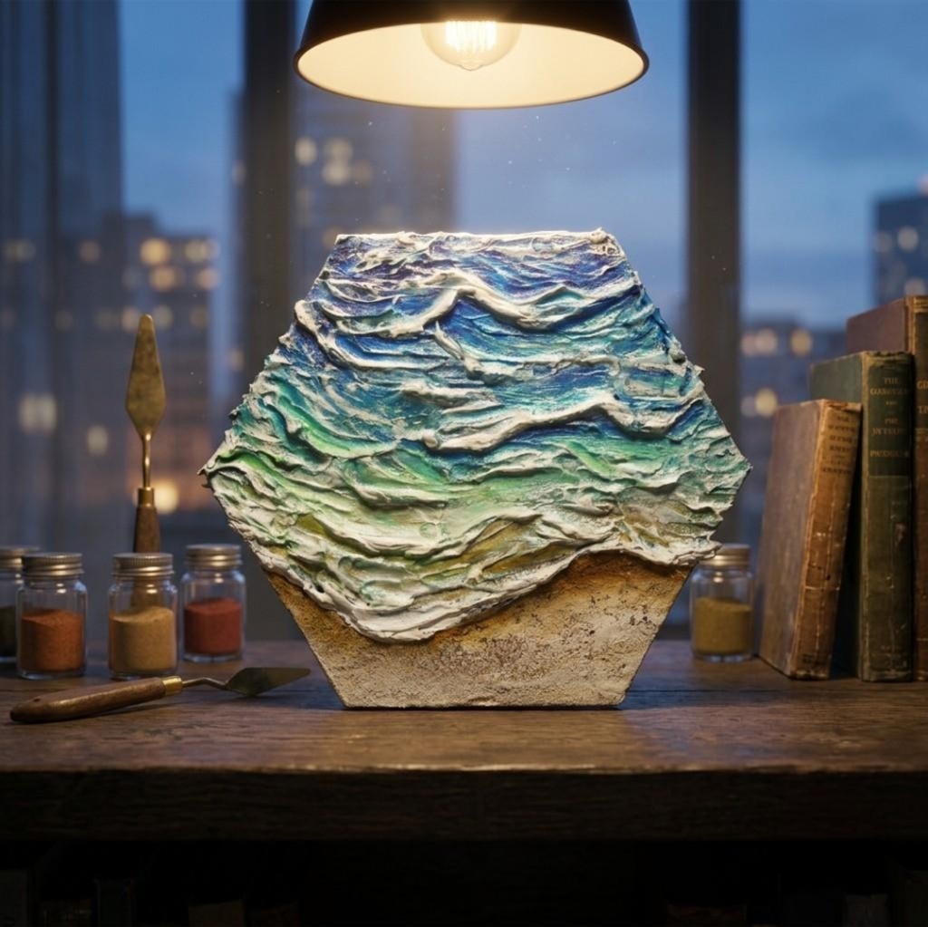 【原画】油絵『永遠の渚』夏の砂浜の海(六角型キャンバス)立体3Dアート / 油彩画 海の絵 エメラルドグリーンハンドメイドアート