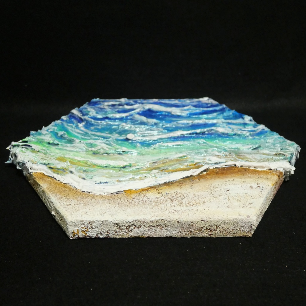 【原画】油絵『永遠の渚』夏の砂浜の海(六角型キャンバス)立体3Dアート / 油彩画 海の絵 エメラルドグリーンハンドメイドアート
