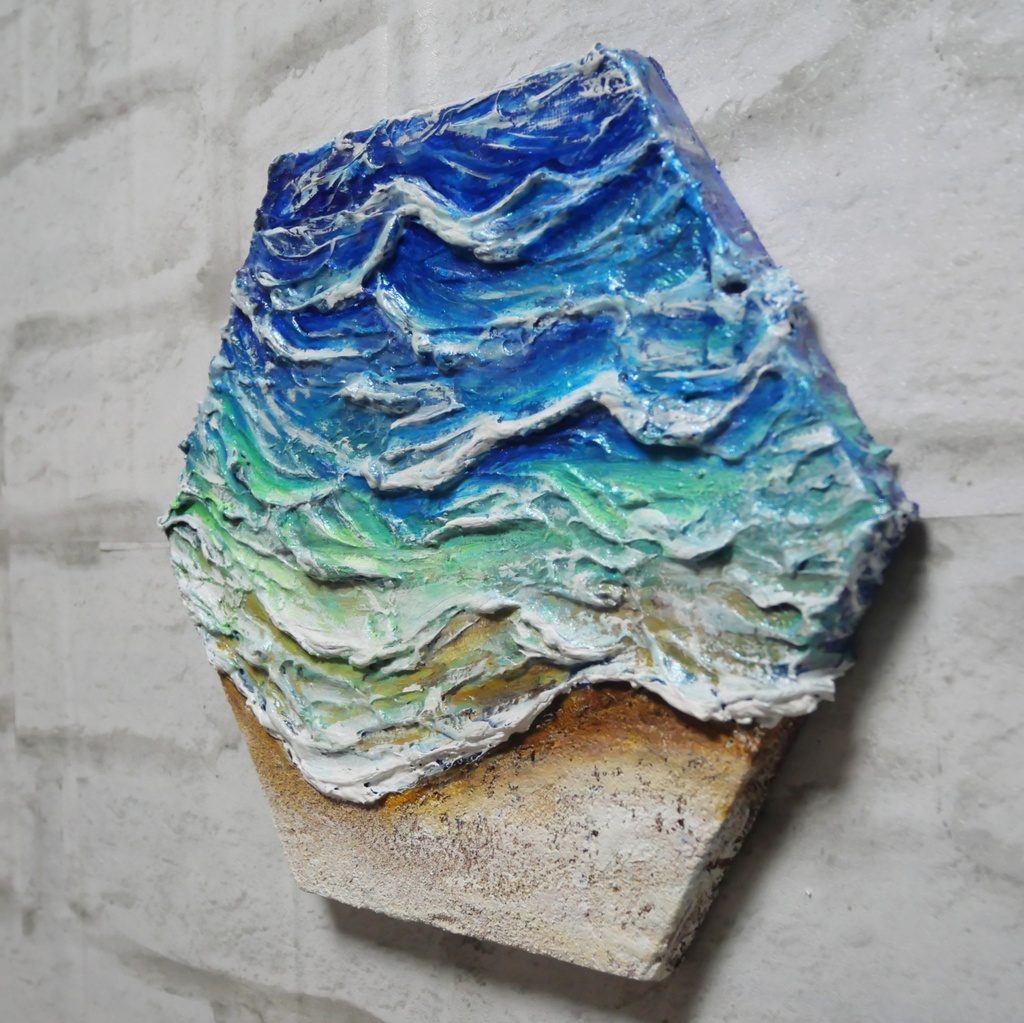【原画】油絵『永遠の渚』夏の砂浜の海(六角型キャンバス)立体3Dアート / 油彩画 海の絵 エメラルドグリーンハンドメイドアート