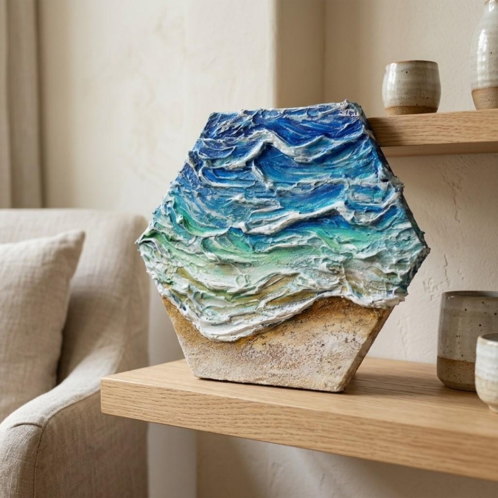 【原画】油絵『永遠の渚』夏の砂浜の海(六角型キャンバス)立体3Dアート / 油彩画 海の絵 エメラルドグリーンハンドメイドアート