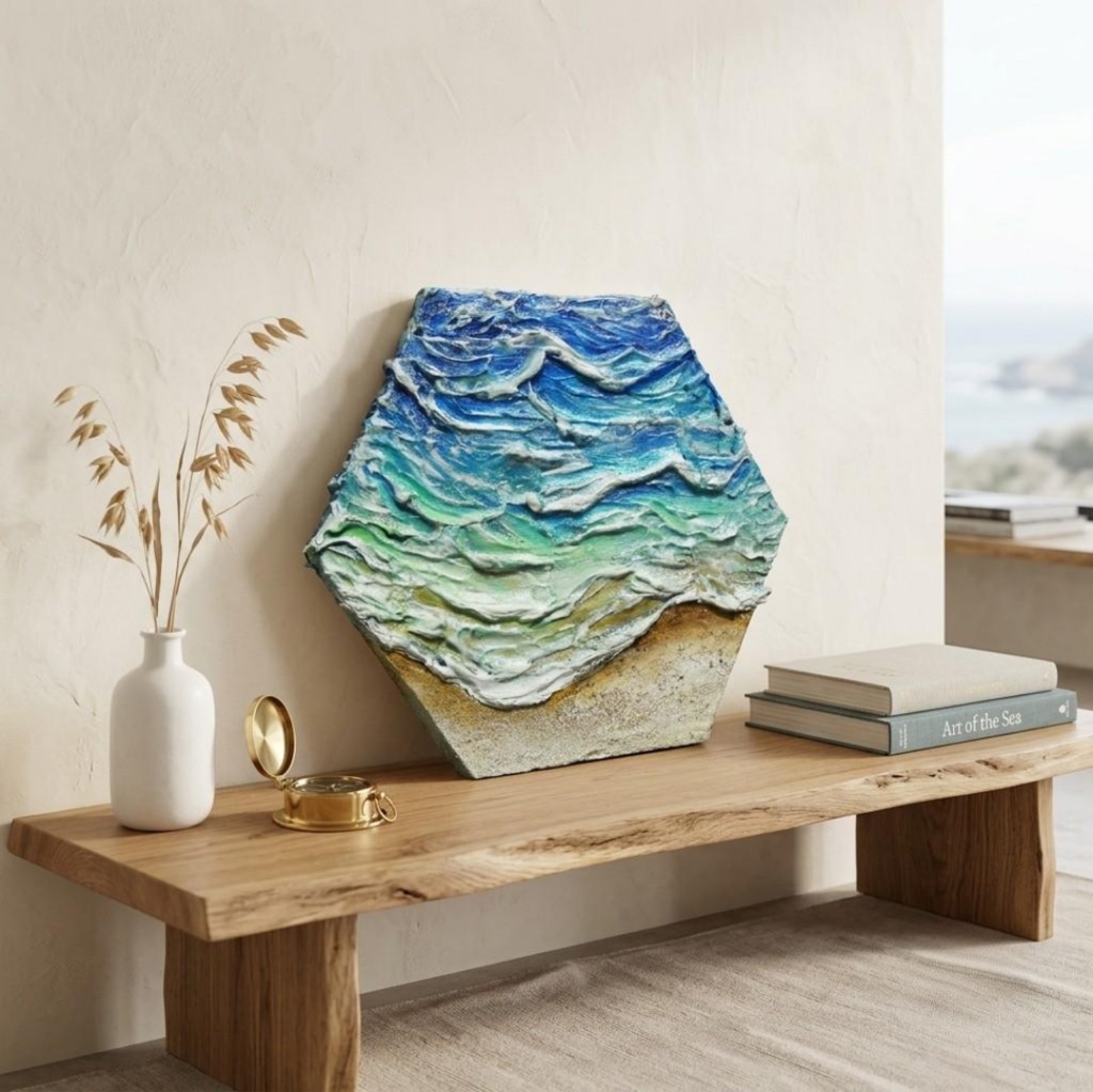 【原画】油絵『永遠の渚』夏の砂浜の海(六角型キャンバス)立体3Dアート / 油彩画 海の絵 エメラルドグリーンハンドメイドアート
