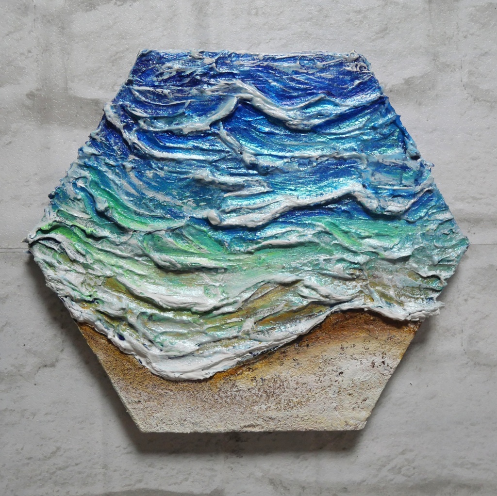 【原画】油絵『永遠の渚』夏の砂浜の海(六角型キャンバス)立体3Dアート / 油彩画 海の絵 エメラルドグリーンハンドメイドアート