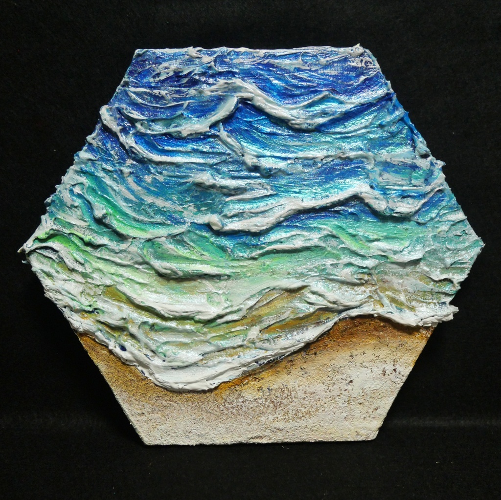 【原画】油絵『永遠の渚』夏の砂浜の海(六角型キャンバス)立体3Dアート / 油彩画 海の絵 エメラルドグリーンハンドメイドアート