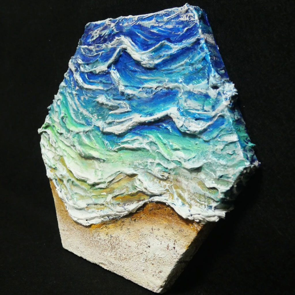 【原画】油絵『永遠の渚』夏の砂浜の海(六角型キャンバス)立体3Dアート / 油彩画 海の絵 エメラルドグリーンハンドメイドアート