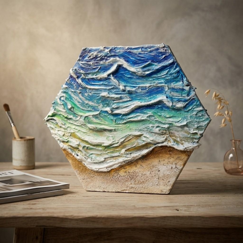 【原画】油絵『永遠の渚』夏の砂浜の海（六角型キャンバス）立体3Dアート / 油彩画 海の絵 エメラルドグリーンハンドメイドアート