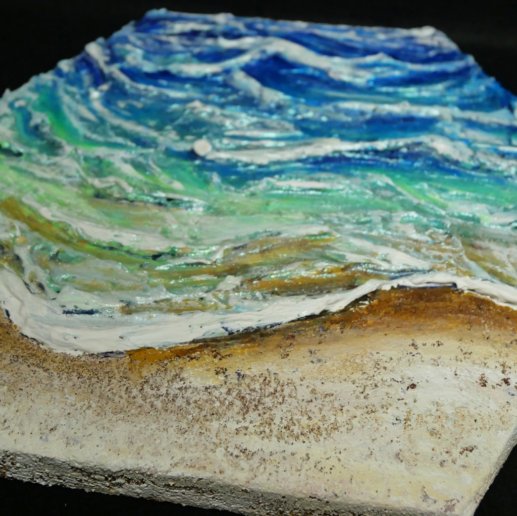 【原画】油絵『永遠の渚』夏の砂浜の海(六角型キャンバス)立体3Dアート / 油彩画 海の絵 エメラルドグリーンハンドメイドアート