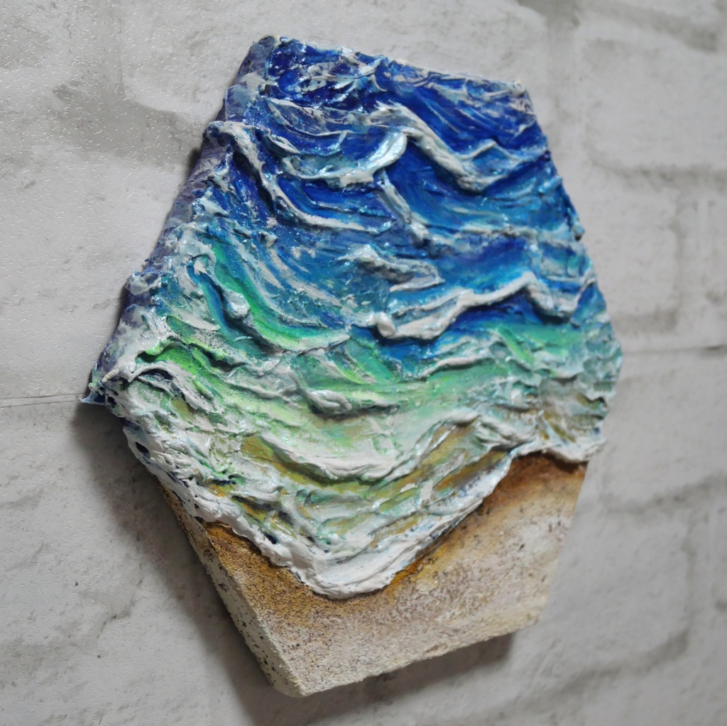 【原画】油絵『永遠の渚』夏の砂浜の海(六角型キャンバス)立体3Dアート / 油彩画 海の絵 エメラルドグリーンハンドメイドアート