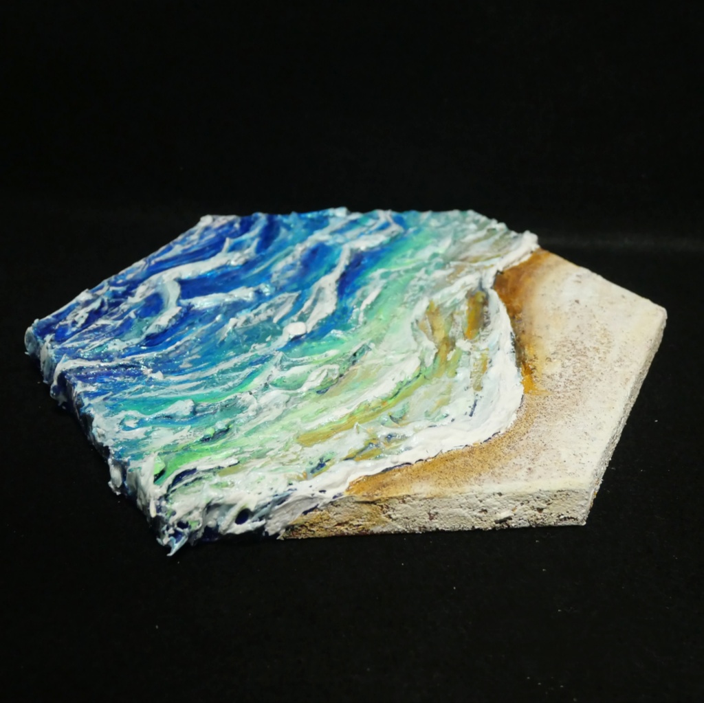 【原画】油絵『永遠の渚』夏の砂浜の海(六角型キャンバス)立体3Dアート / 油彩画 海の絵 エメラルドグリーンハンドメイドアート