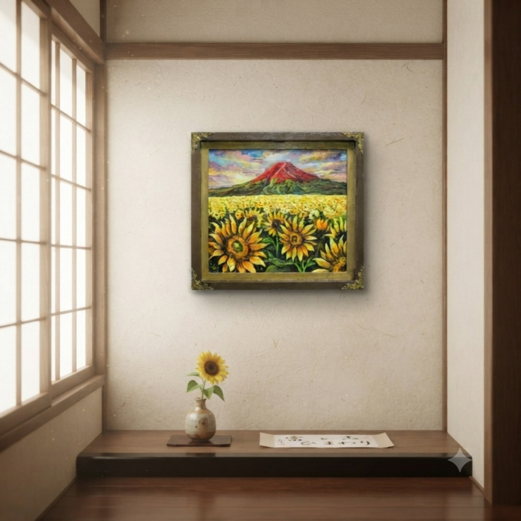 【夕映えに燃ゆ】ひまわりと赤富士が織りなす情熱の油彩画(原画インテリアアート)