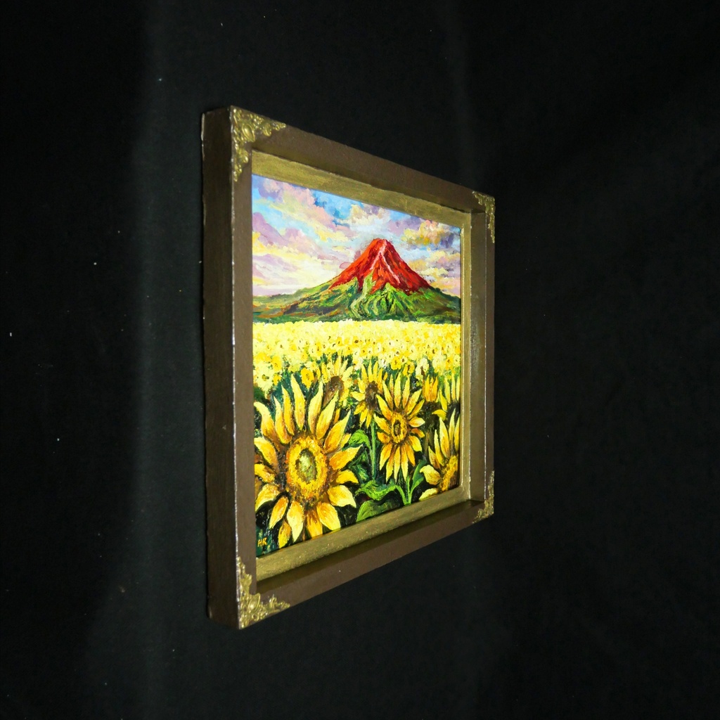 【夕映えに燃ゆ】ひまわりと赤富士が織りなす情熱の油彩画(原画インテリアアート)