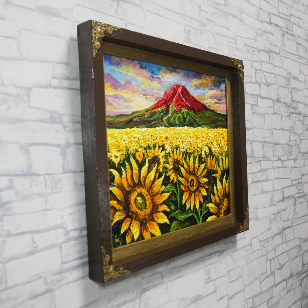 【夕映えに燃ゆ】ひまわりと赤富士が織りなす情熱の油彩画(原画インテリアアート)