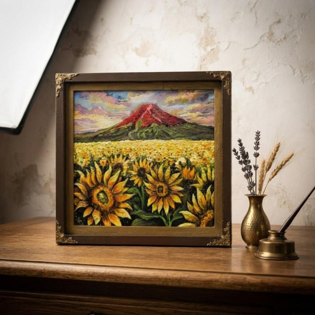 【夕映えに燃ゆ】ひまわりと赤富士が織りなす情熱の油彩画(原画インテリアアート)