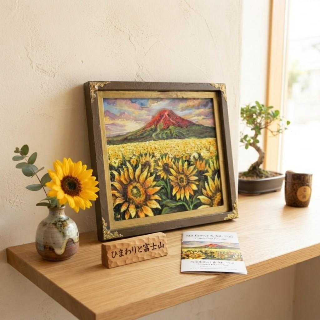 【夕映えに燃ゆ】ひまわりと赤富士が織りなす情熱の油彩画(原画インテリアアート)