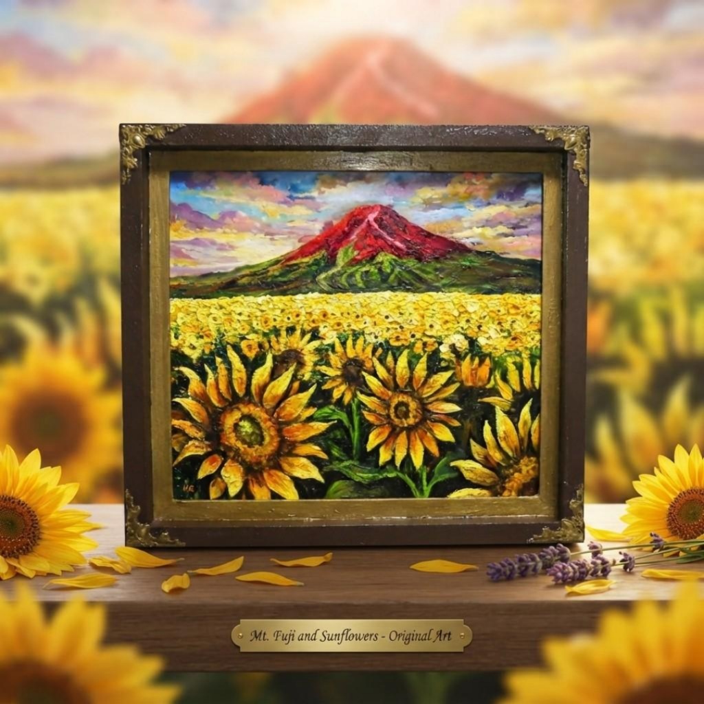 【夕映えに燃ゆ】ひまわりと赤富士が織りなす情熱の油彩画(原画インテリアアート)