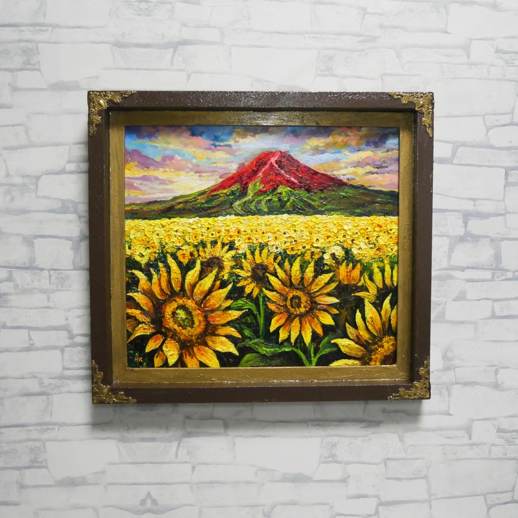 【夕映えに燃ゆ】ひまわりと赤富士が織りなす情熱の油彩画(原画インテリアアート)