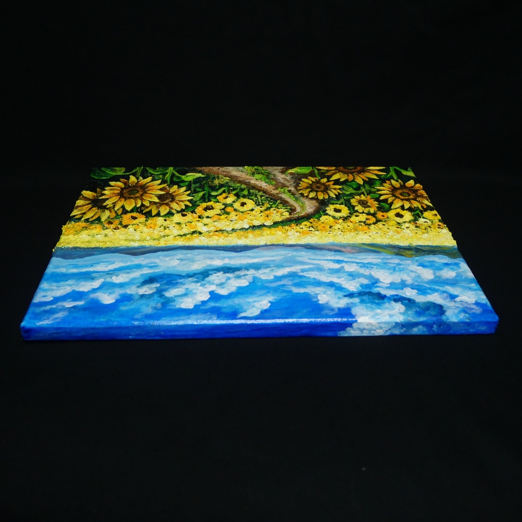 ひまわり油絵【明日へ続くひまわり小道】夏の向日葵 鮮やかな風景画 原画 額縁なし