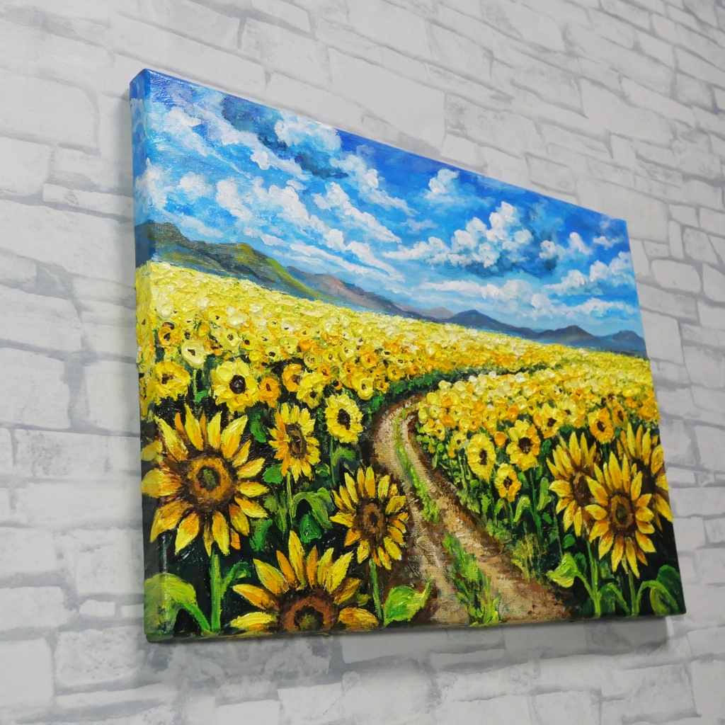 ひまわり油絵【明日へ続くひまわり小道】夏の向日葵 鮮やかな風景画 原画 額縁なし