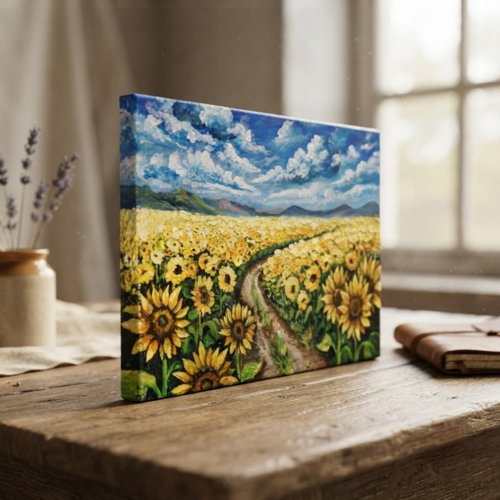ひまわり油絵【明日へ続くひまわり小道】夏の向日葵 鮮やかな風景画 原画 額縁なし