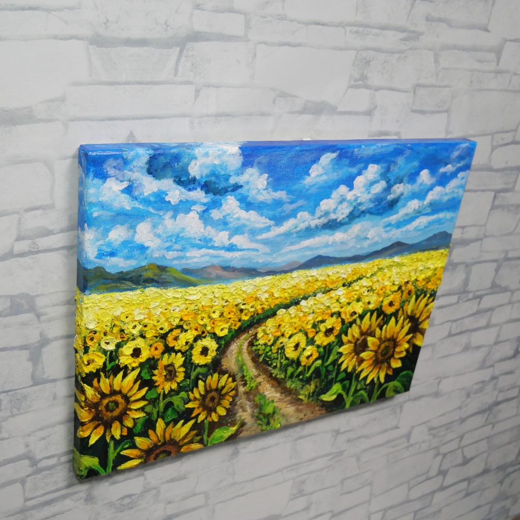 ひまわり油絵【明日へ続くひまわり小道】夏の向日葵 鮮やかな風景画 原画 額縁なし