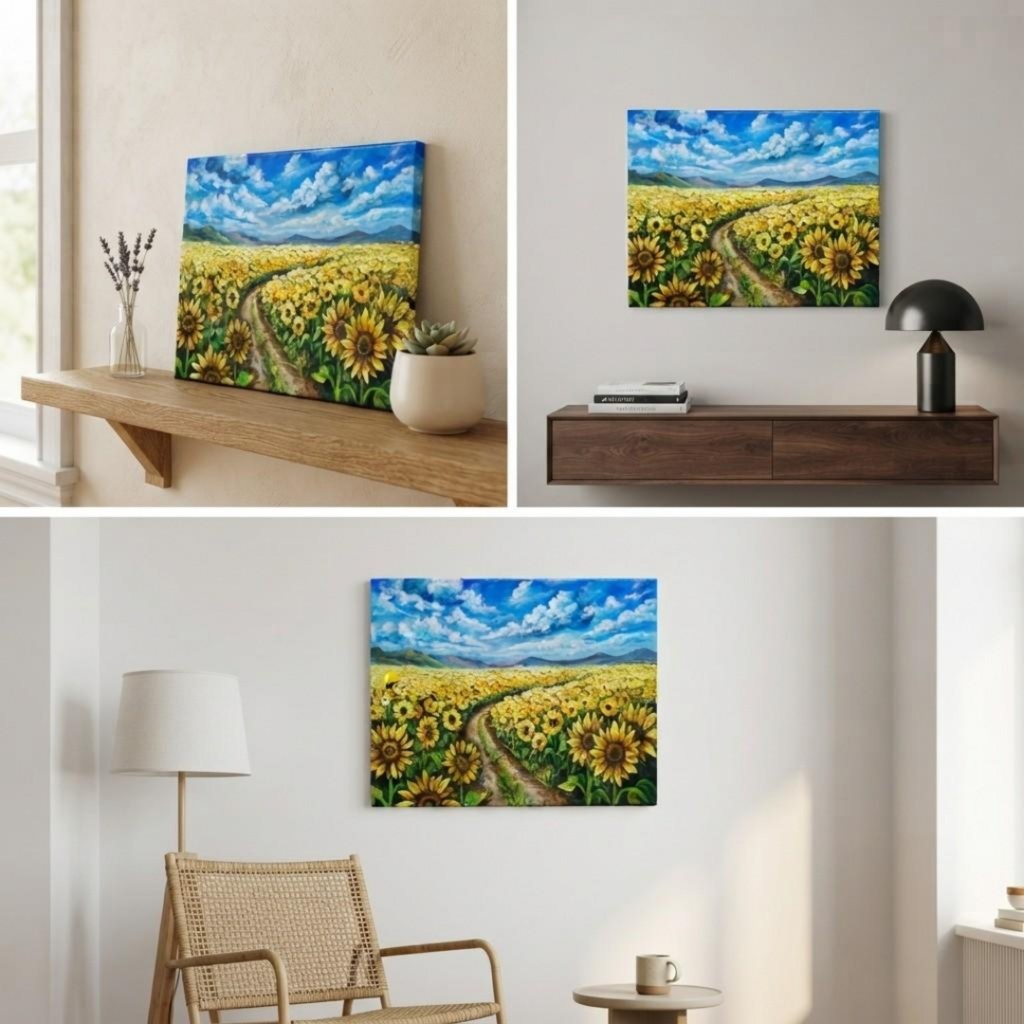 ひまわり油絵【明日へ続くひまわり小道】夏の向日葵 鮮やかな風景画 原画 額縁なし