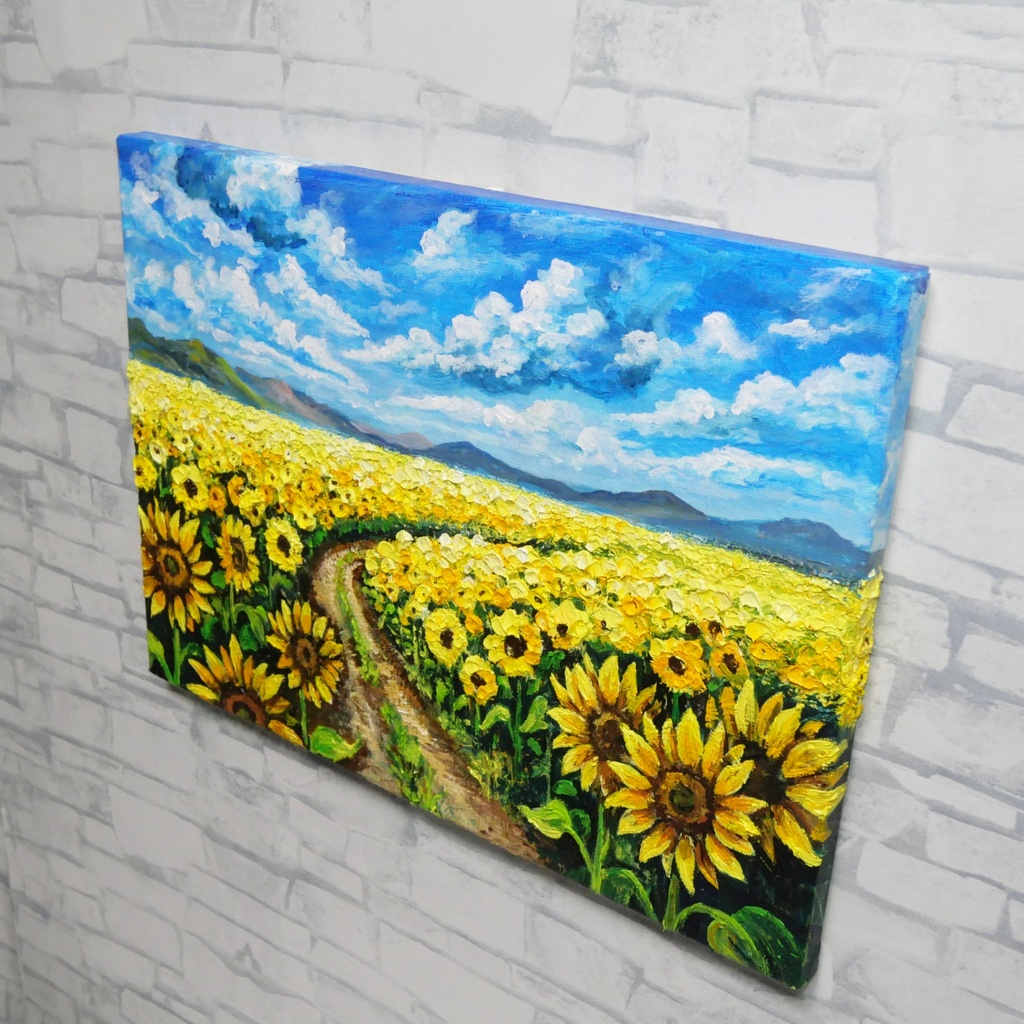ひまわり油絵【明日へ続くひまわり小道】夏の向日葵 鮮やかな風景画 原画 額縁なし