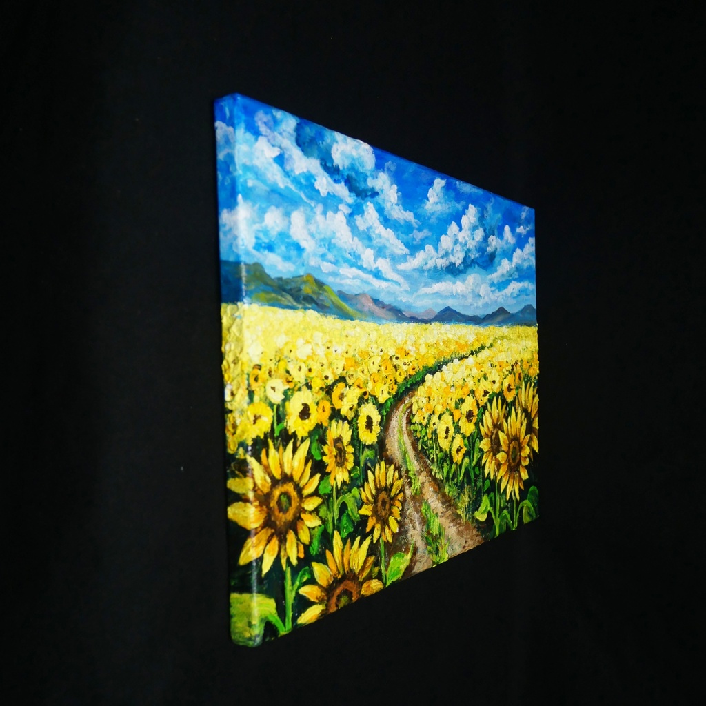 ひまわり油絵【明日へ続くひまわり小道】夏の向日葵 鮮やかな風景画 原画 額縁なし