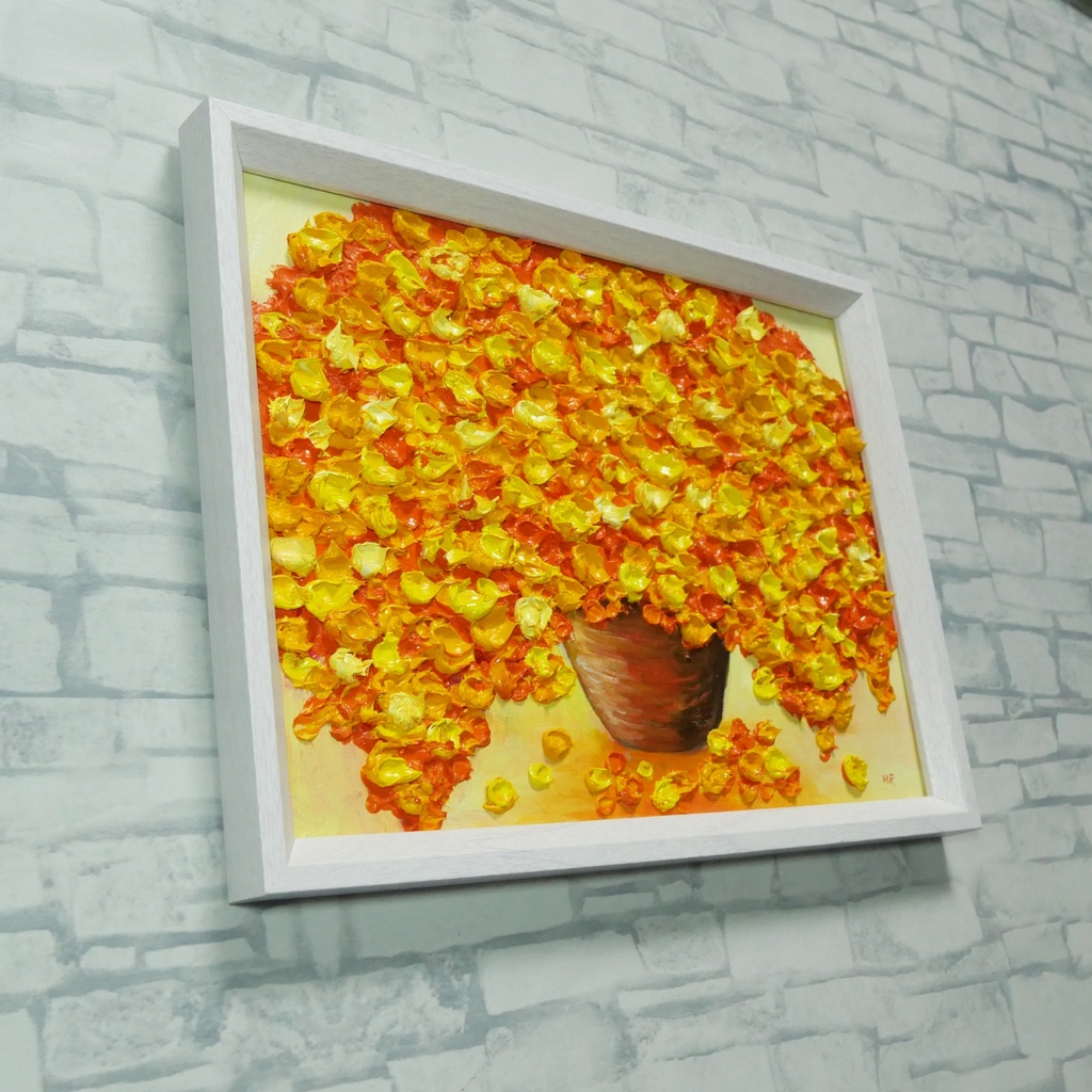 【油絵・原画】ミモザの立体アート「空間を彩るミモザの輝き」額縁入り