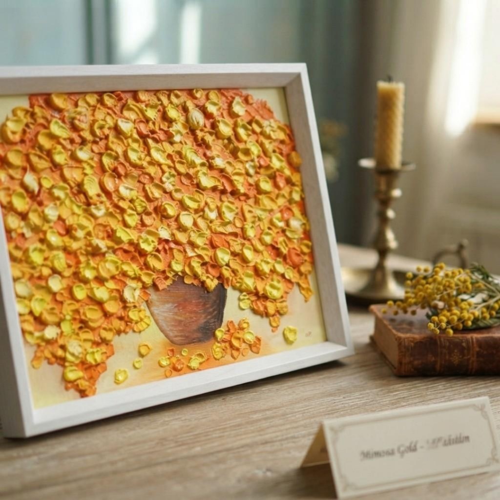 【油絵・原画】ミモザの立体アート「空間を彩るミモザの輝き」額縁入り
