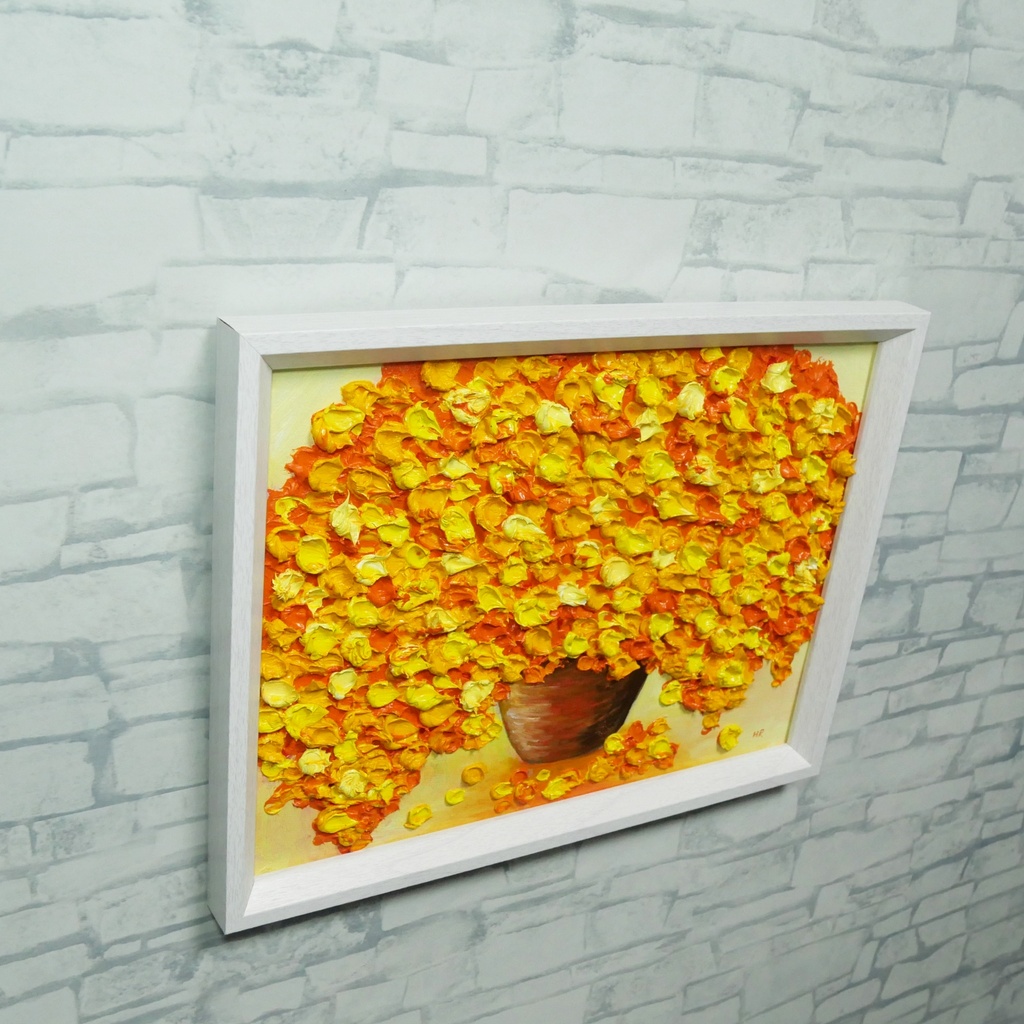 【油絵・原画】ミモザの立体アート「空間を彩るミモザの輝き」額縁入り