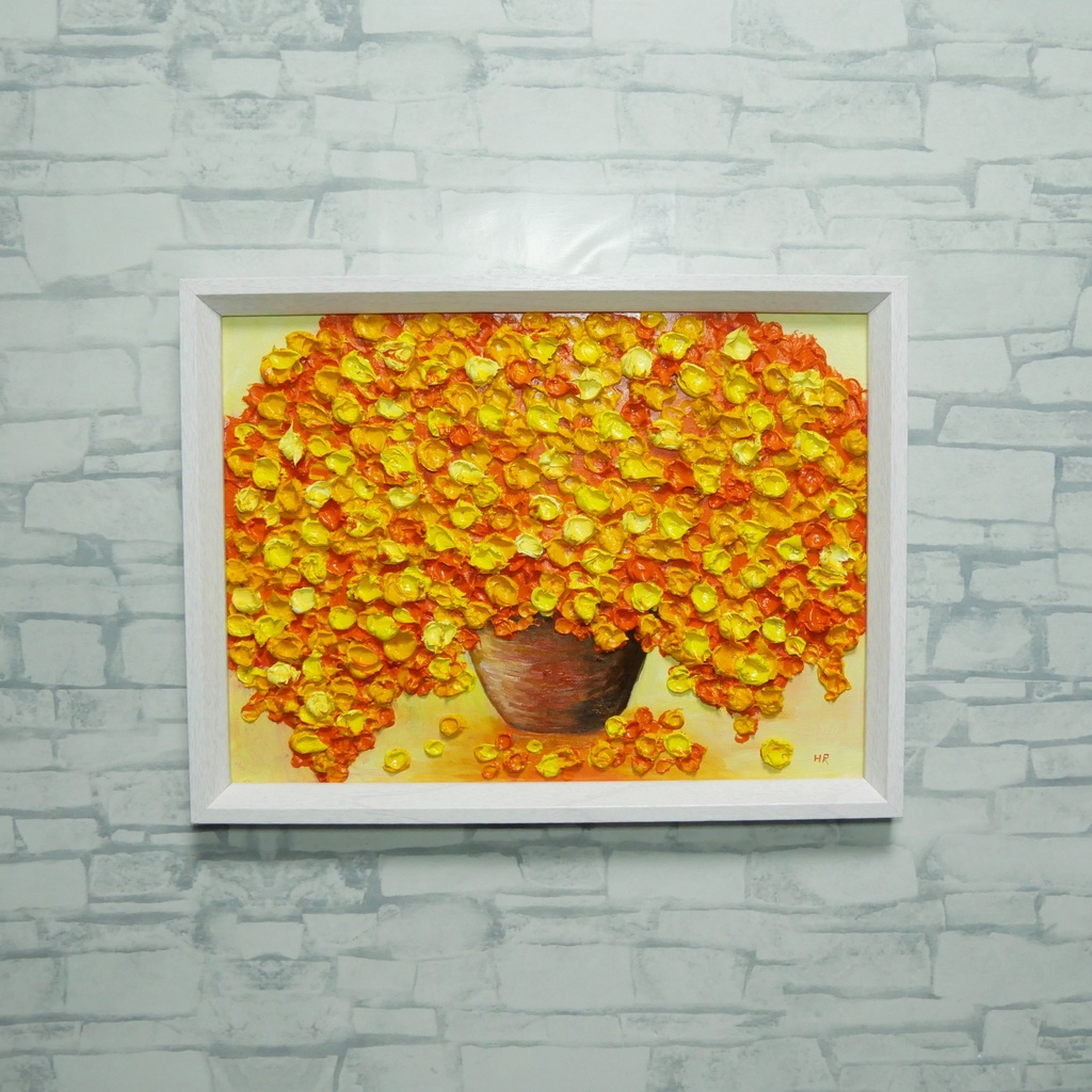 【油絵・原画】ミモザの立体アート「空間を彩るミモザの輝き」額縁入り