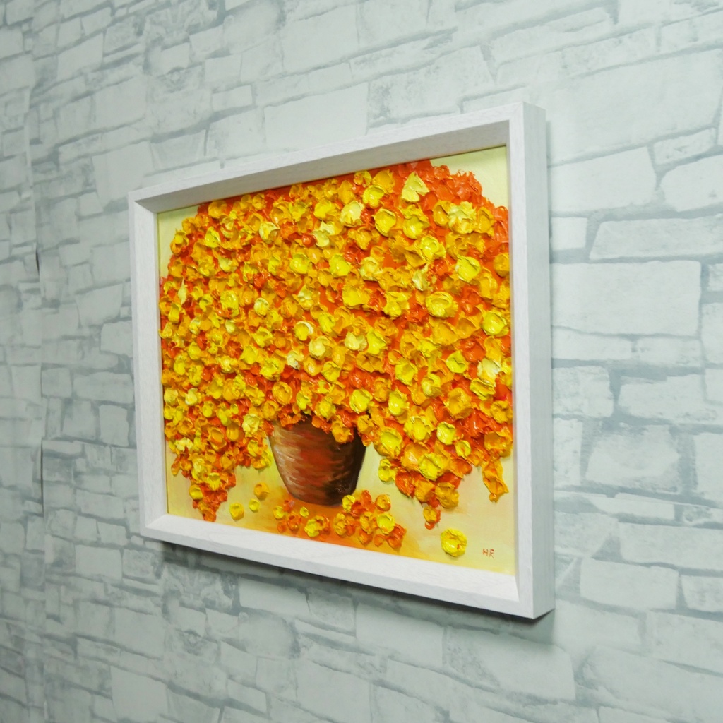【油絵・原画】ミモザの立体アート「空間を彩るミモザの輝き」額縁入り