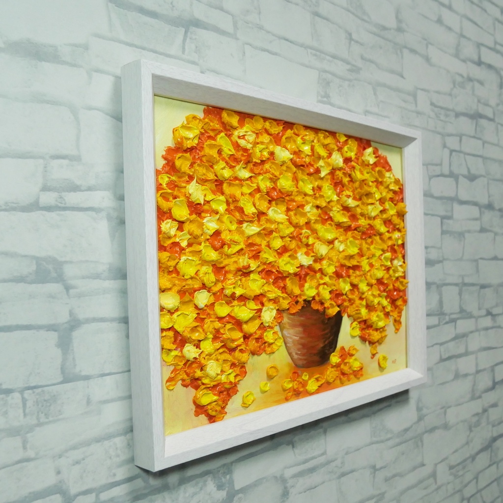 【油絵・原画】ミモザの立体アート「空間を彩るミモザの輝き」額縁入り