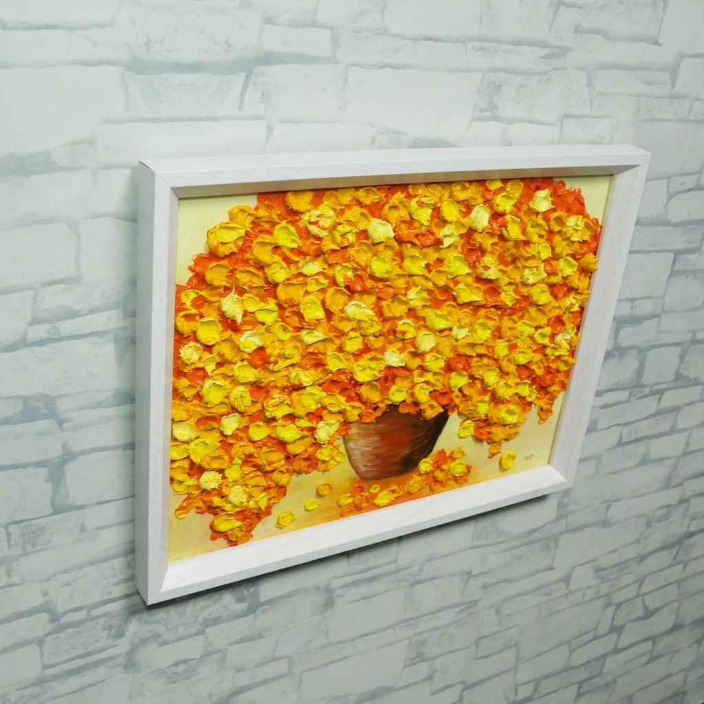 【油絵・原画】ミモザの立体アート「空間を彩るミモザの輝き」額縁入り