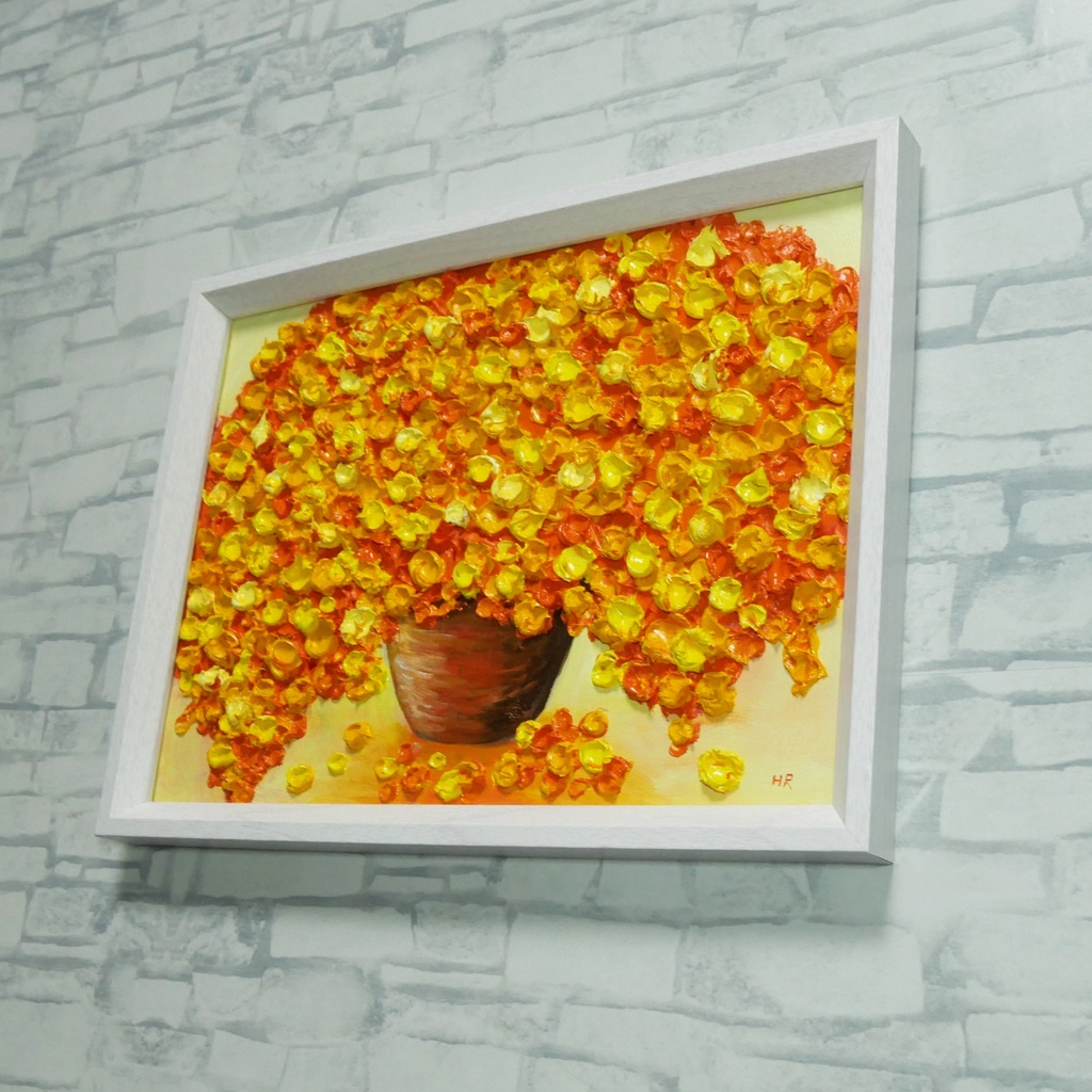 【油絵・原画】ミモザの立体アート「空間を彩るミモザの輝き」額縁入り