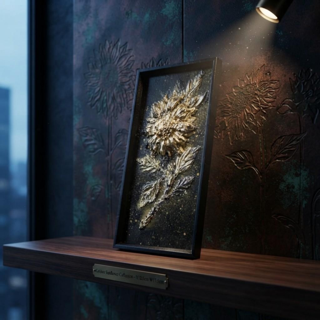 黄金の立体ひまわり 絵画【Eternal Sol】テクスチャーアート 油絵 油彩画 モダンアート 夏インテリア 壁掛け原画
