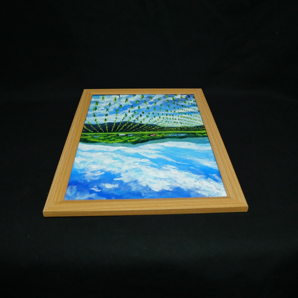 【油彩画 原画】初夏の水鏡 〜きらめく青空と水田〜 A4絵画 田舎の風景 インテリアアート
