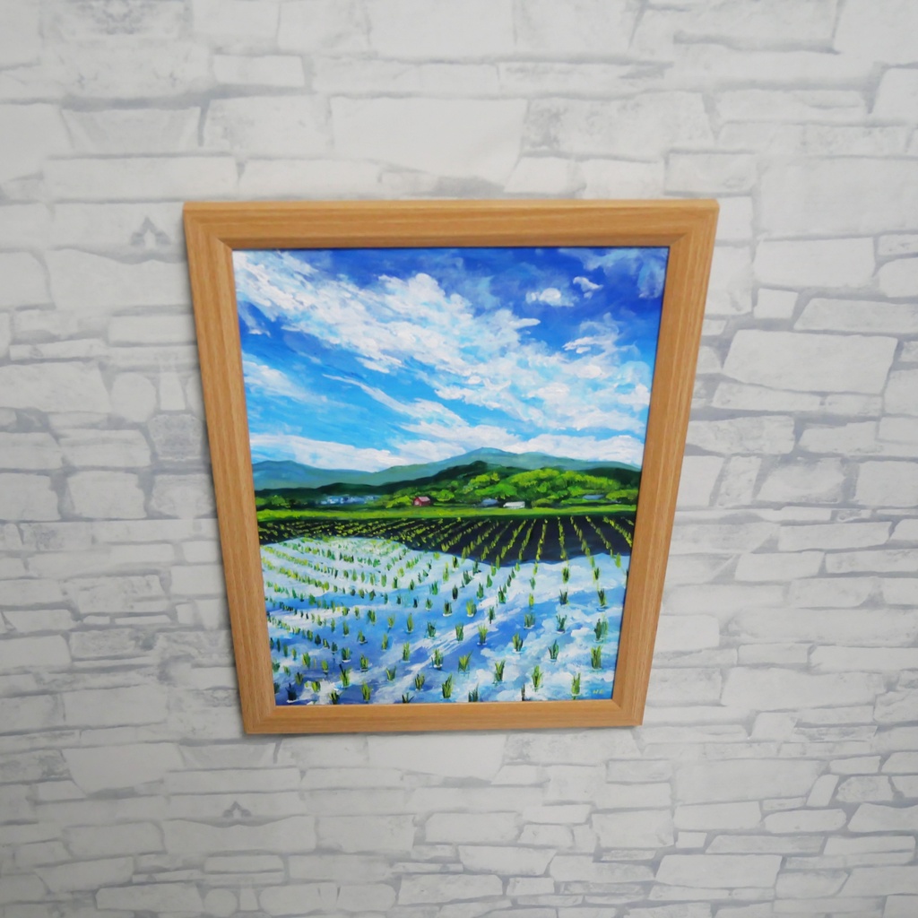 【油彩画 原画】初夏の水鏡 〜きらめく青空と水田〜 A4絵画 田舎の風景 インテリアアート
