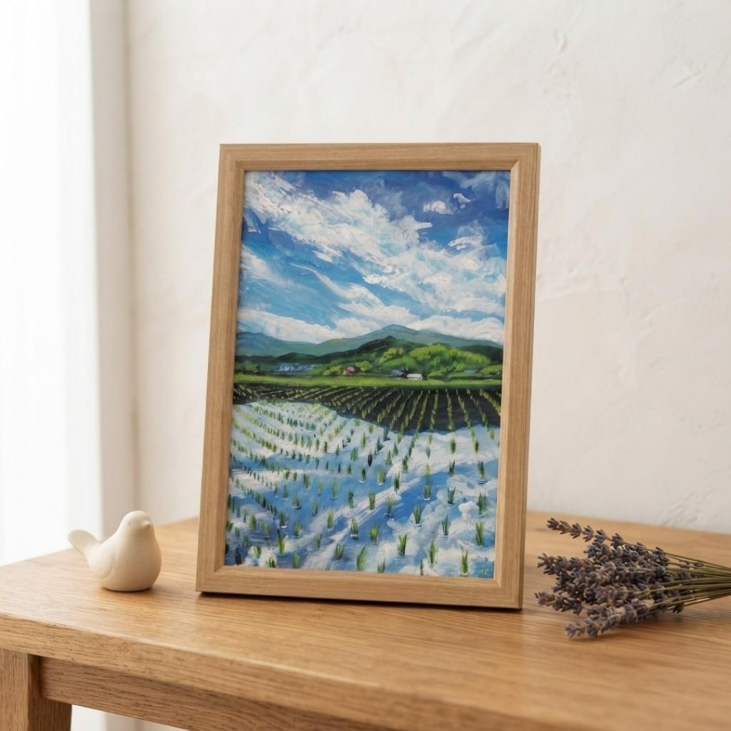 【油彩画 原画】初夏の水鏡 〜きらめく青空と水田〜 A4絵画 田舎の風景 インテリアアート