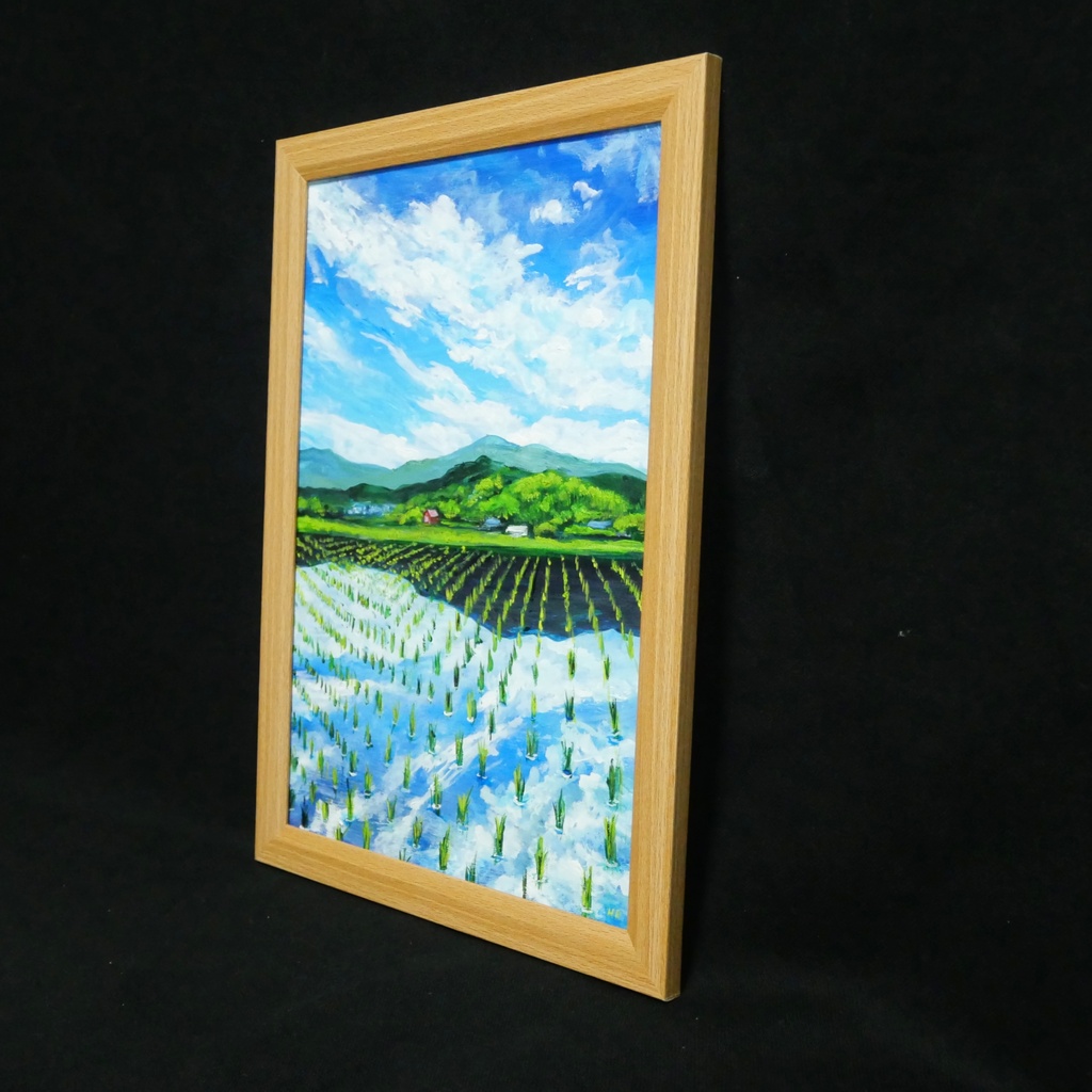 【油彩画 原画】初夏の水鏡 〜きらめく青空と水田〜 A4絵画 田舎の風景 インテリアアート