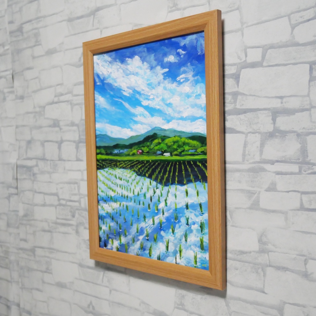 【油彩画 原画】初夏の水鏡 〜きらめく青空と水田〜 A4絵画 田舎の風景 インテリアアート