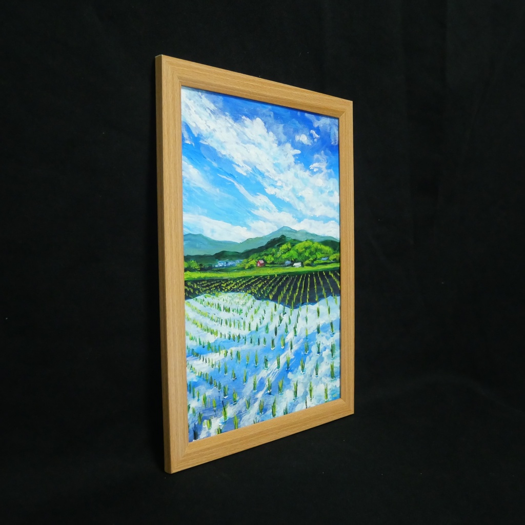 【油彩画 原画】初夏の水鏡 〜きらめく青空と水田〜 A4絵画 田舎の風景 インテリアアート
