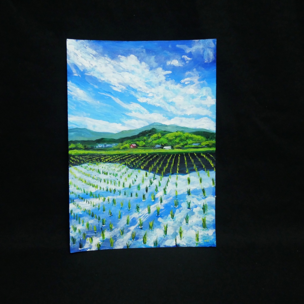 【油彩画 原画】初夏の水鏡 〜きらめく青空と水田〜 A4絵画 田舎の風景 インテリアアート