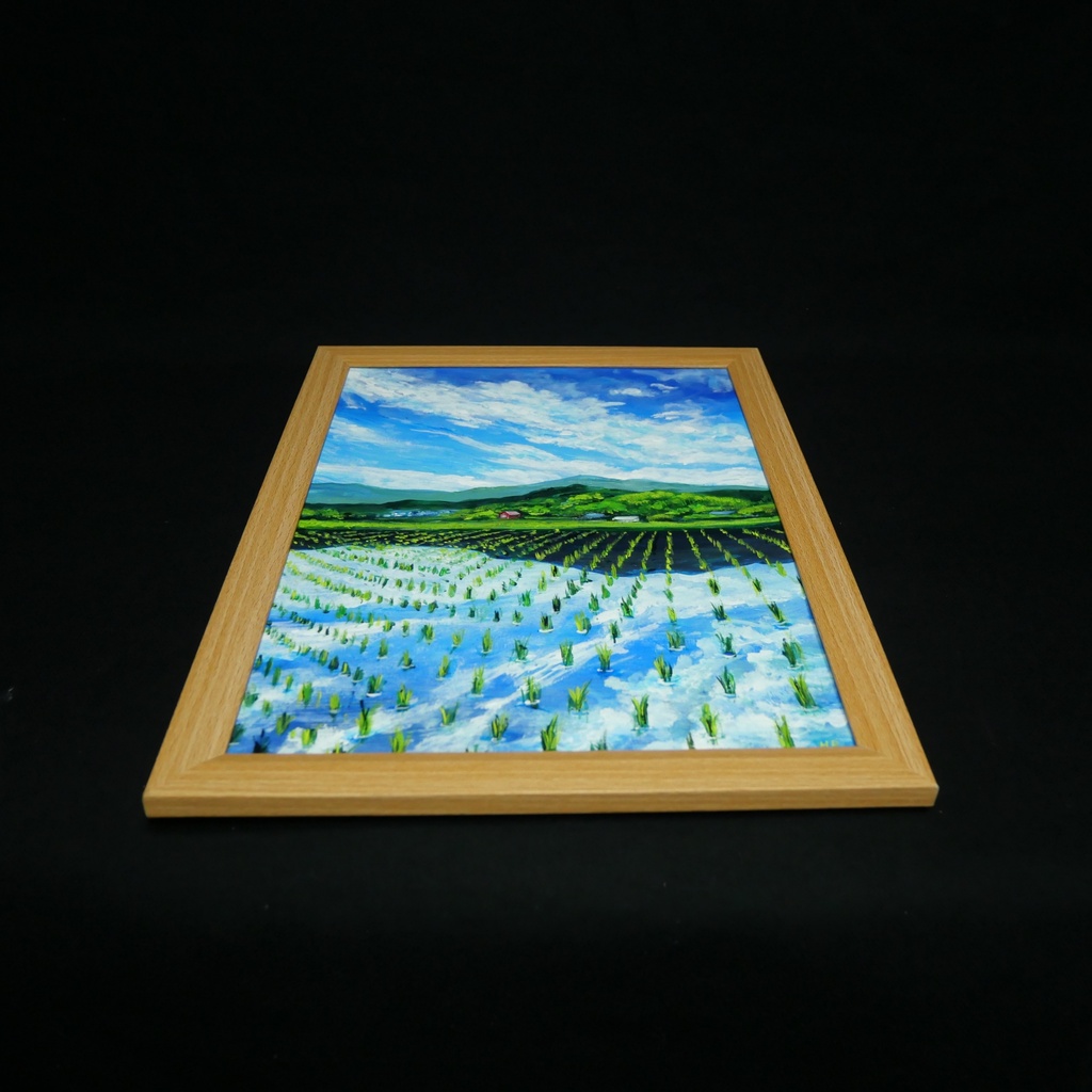 【油彩画 原画】初夏の水鏡 〜きらめく青空と水田〜 A4絵画 田舎の風景 インテリアアート