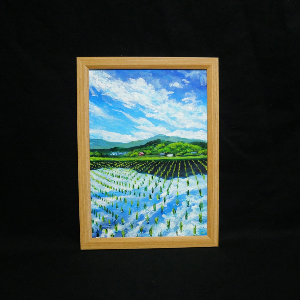 【油彩画 原画】初夏の水鏡 〜きらめく青空と水田〜 A4絵画 田舎の風景 インテリアアート